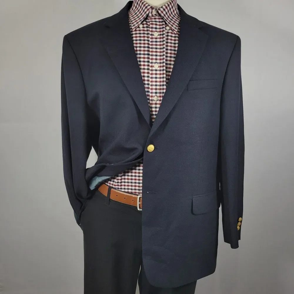 Stafford Men's Sport Coat Blazer Two‎ Button Navy Blue Poly Wool Size 46R